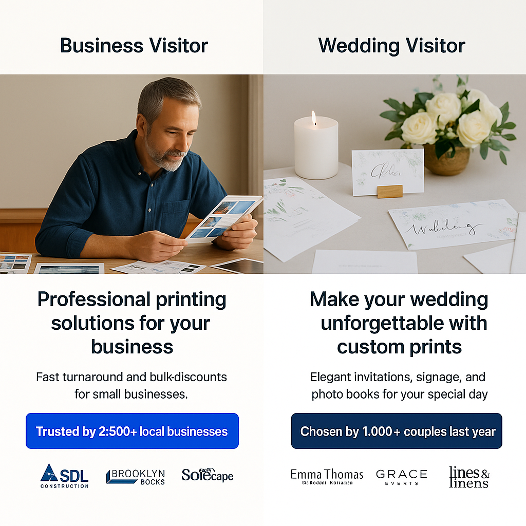 Print shop homepage personalized for business vs. wedding visitors