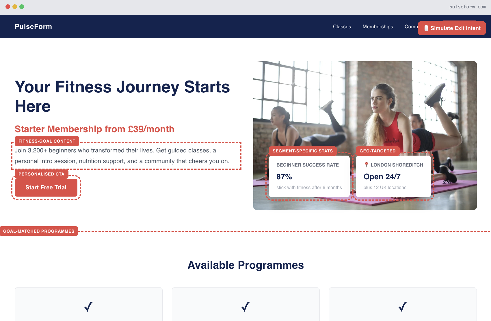 Interactive health and fitness personalization demo showing goal-matched content, social proof, and exit intent — PulseForm by Personyze