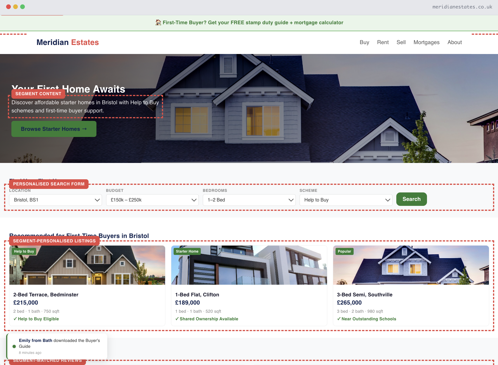 Interactive real estate personalization demo showing dynamic forms, personalised banners, and social proof — Meridian Estates by Personyze