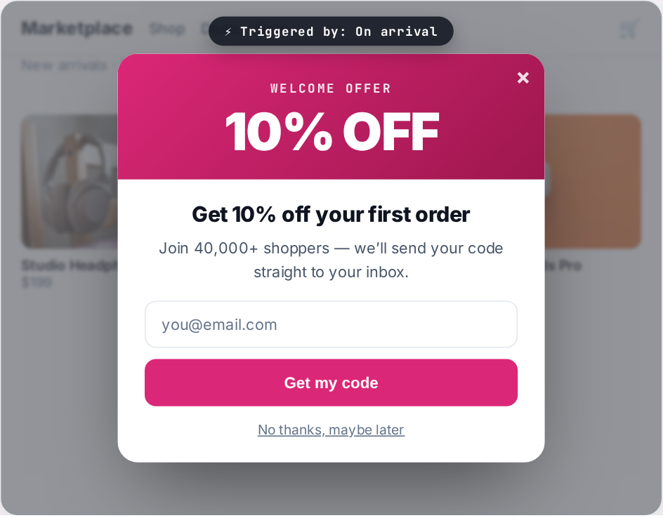 Discount popup personalization example showing a store where the popup offer, trigger, and targeting change per visitor