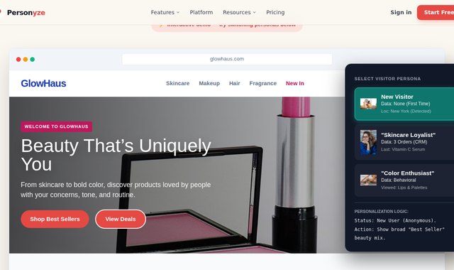 Beauty and cosmetics store showing personalized product recommendations like serums, lipstick, and moisturizer
