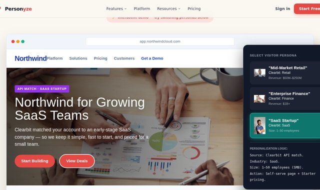 B2B SaaS hero personalized by Clearbit firmographic enrichment for a growing SaaS company