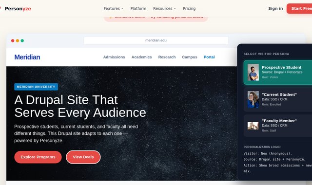 Drupal site serving role-based content to prospective students, current students, and faculty