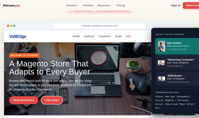 Magento Adobe Commerce store with personalized product blocks and category banners