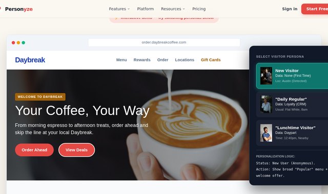 Coffee chain ordering screen personalized by daypart and loyalty status, from a morning regular to a lunchtime combo