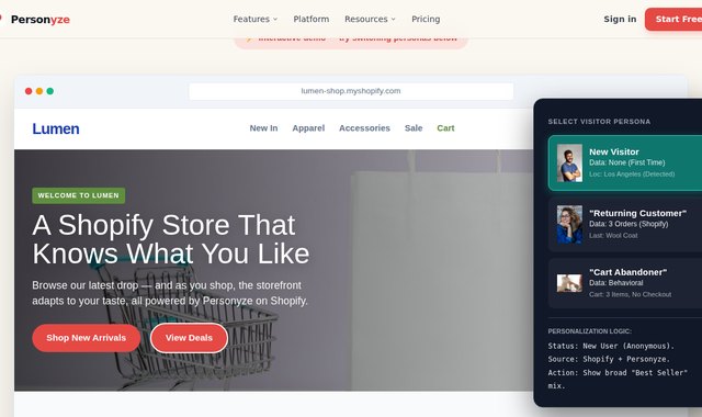 Shopify storefront with personalized product recommendations and promotional banners