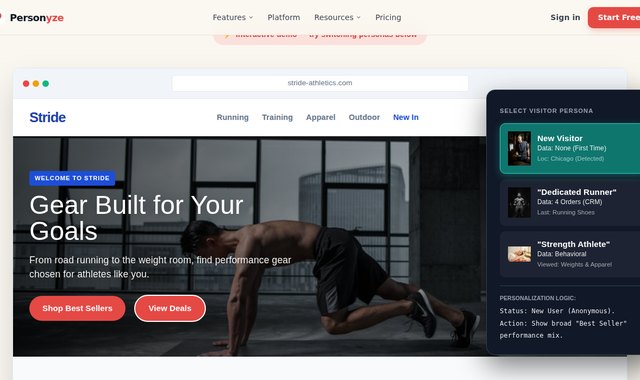 Sportswear ecommerce store with products and offers tailored to the shopper’s sport and athletic interest