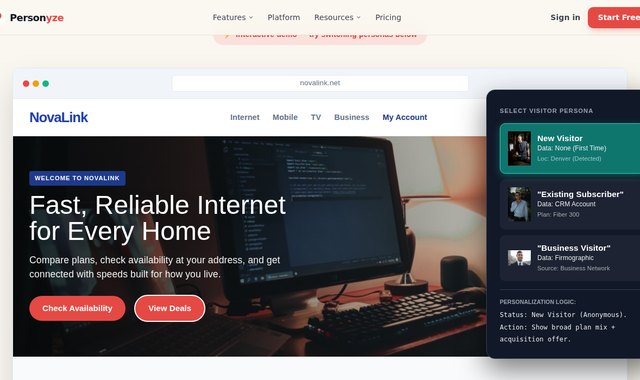 Telecom and internet provider homepage showing personalized plans, routers, and streaming bundles