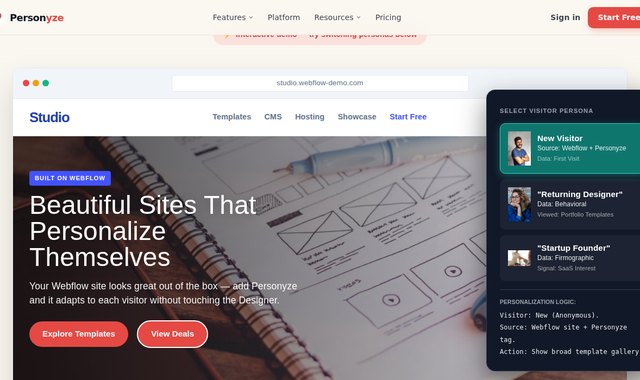 Webflow site showing real-time content personalization for different visitor segments
