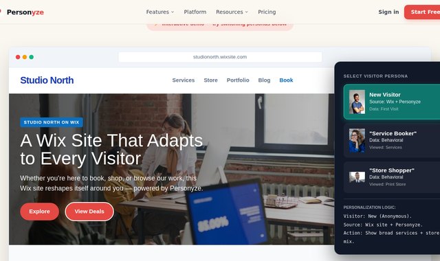 Wix site adapting its hero, offers, and content to different visitor segments
