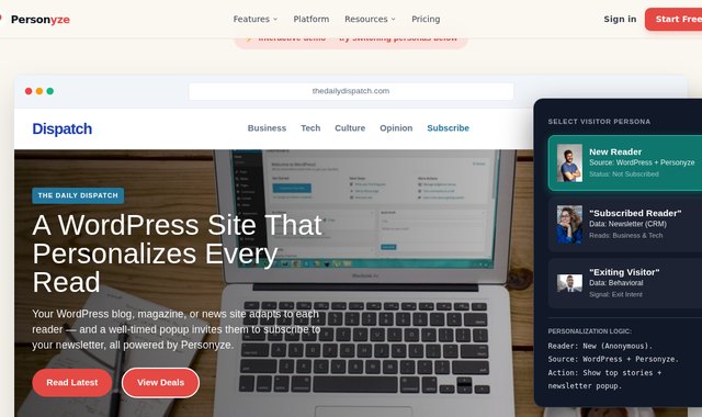 WordPress site showing a targeted popup and newsletter signup tailored to visitor type