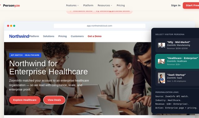 Enterprise SaaS homepage personalized by ZoomInfo firmographic data for a healthcare organization