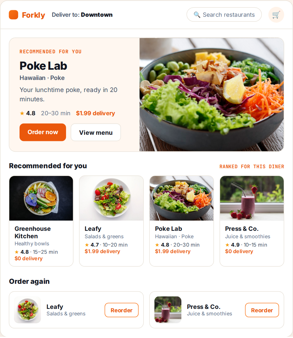 Interactive food delivery personalization demo showing a delivery app that re-ranks its featured restaurant and recommendations for each diner