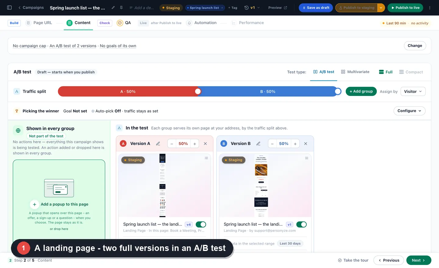 Hosted landing pages: two full versions in an A/B test, built in Canvas element by element, twenty kinds of live element, a countdown dropped in and set up