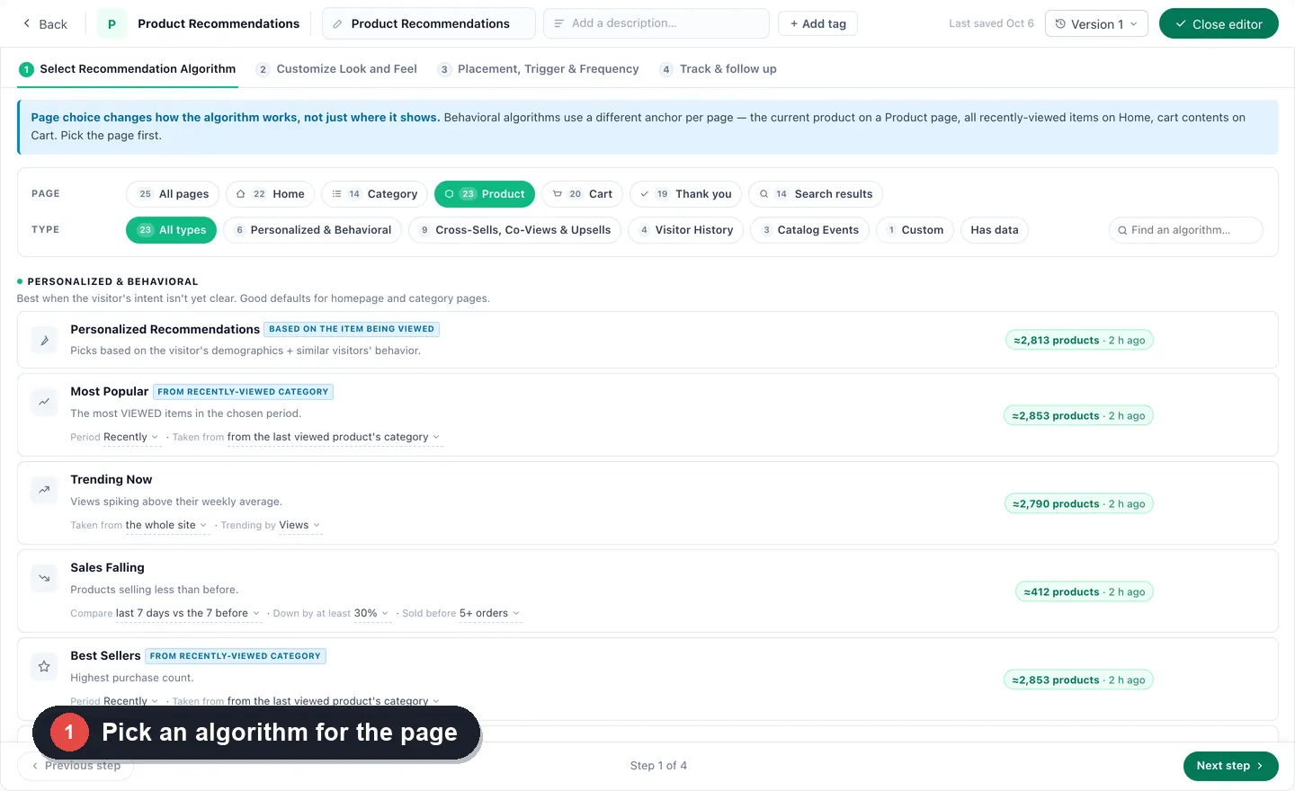 Product and content recommendations in the panel: pick an algorithm, a widget with tabs, what two different visitors get and why, then article algorithms and article cards