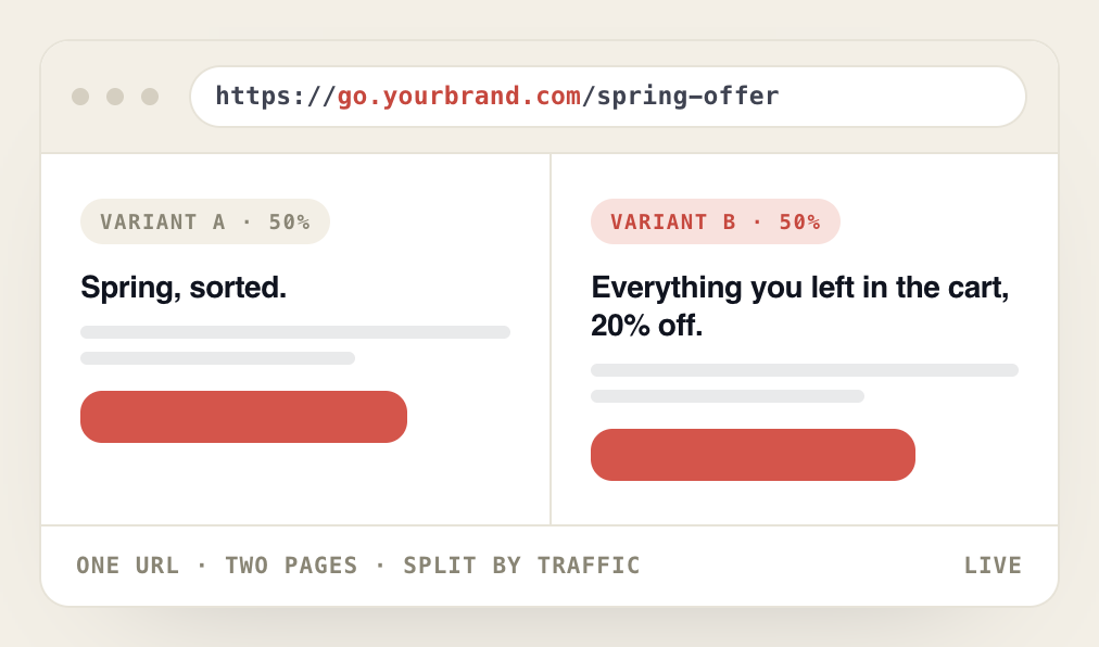 One hosted URL serving two landing page variations, split by traffic