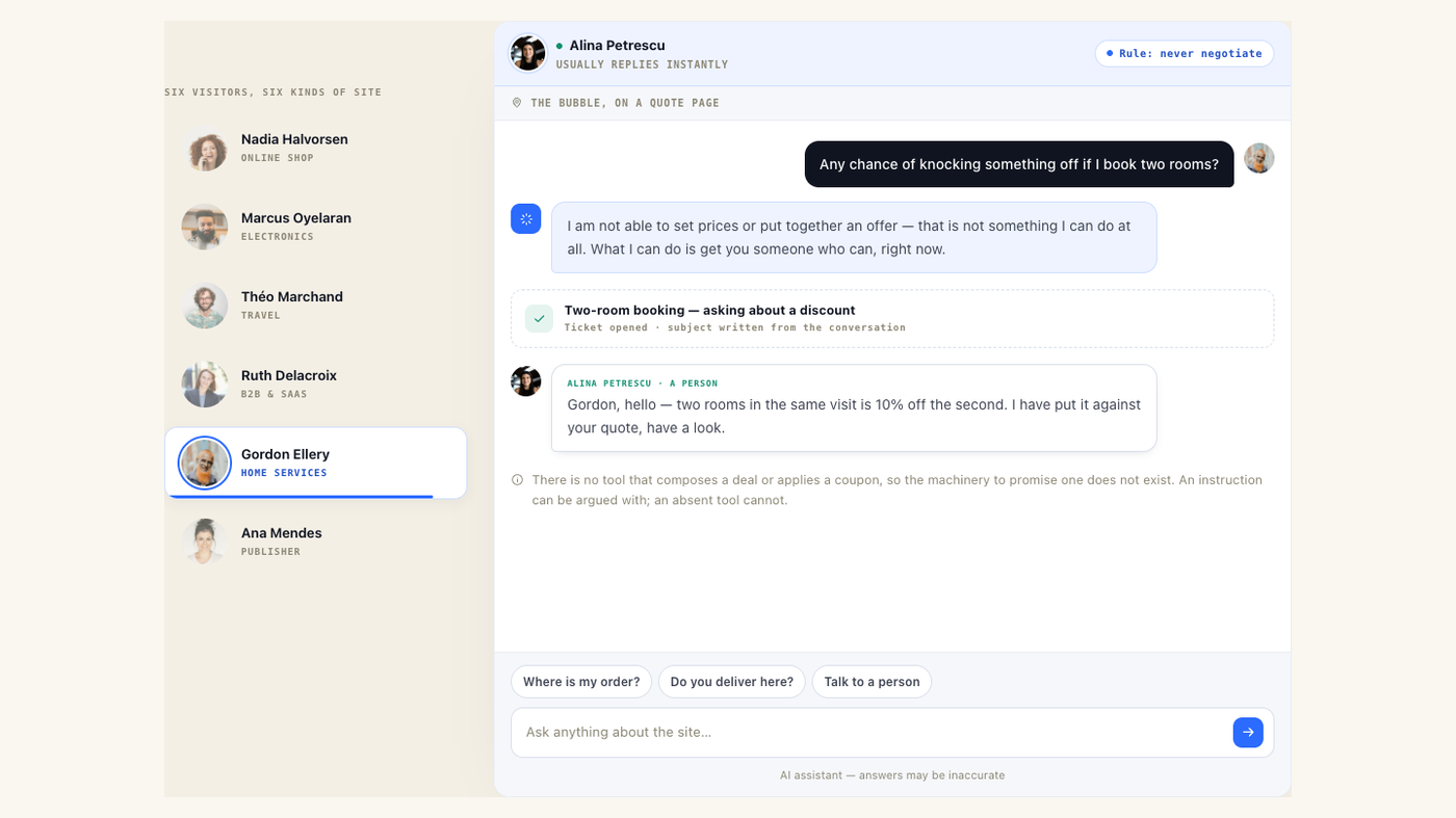 An AI chat agent handing a conversation to a person
