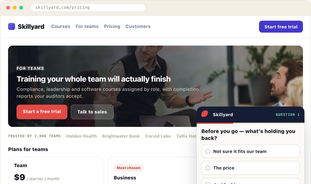 Pricing page exit survey