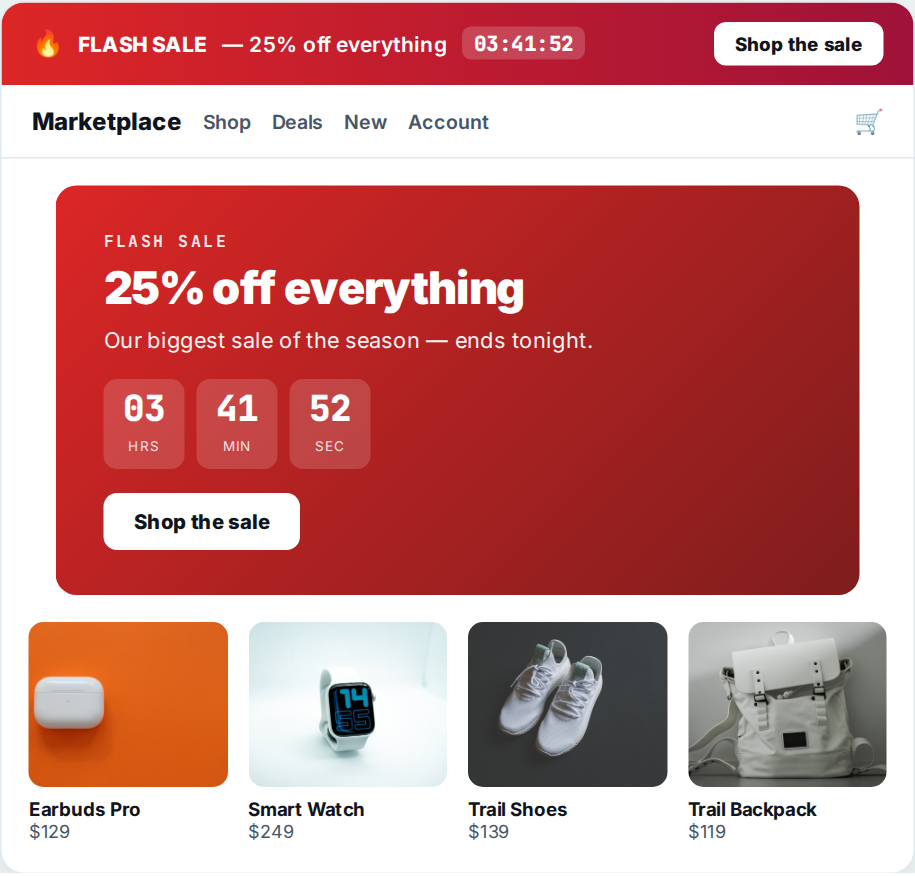 Promotional banner personalization example showing an announcement bar and hero banner that change message and offer per shopper