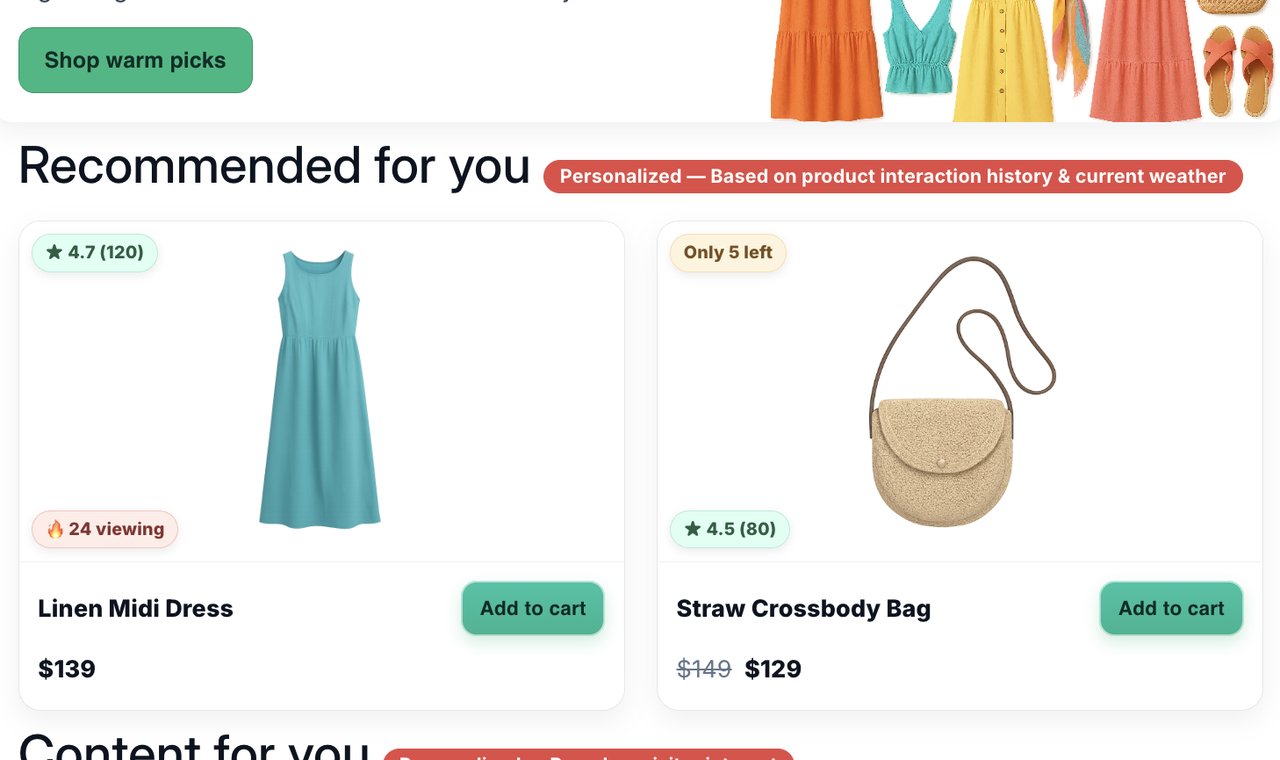 Fashion website personalization example using weather data and behavioral targeting