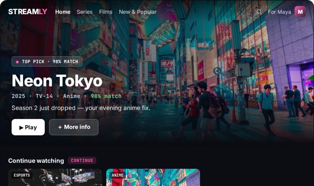 Interactive video streaming personalization demo showing a homepage that re-ranks its hero and recommendation rows for each viewer